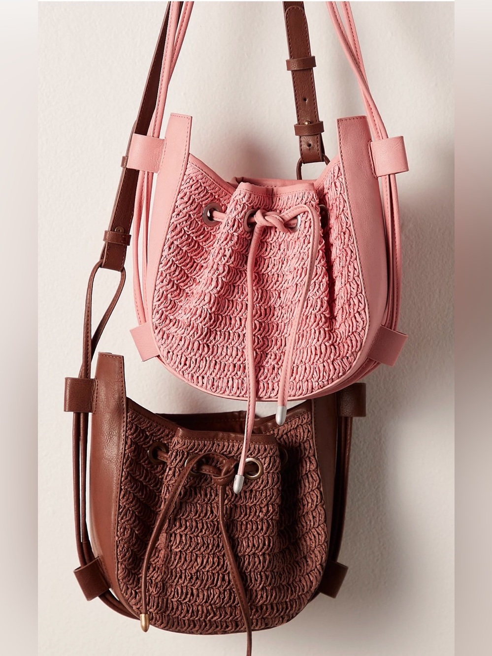 Free People Pink Woven Drawstring Crossbody Bag with Vegan leather straps NWOT